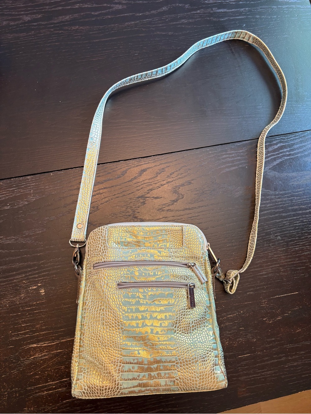 Iridescent Croc-Embossed Crossbody Bag in Gold-Green